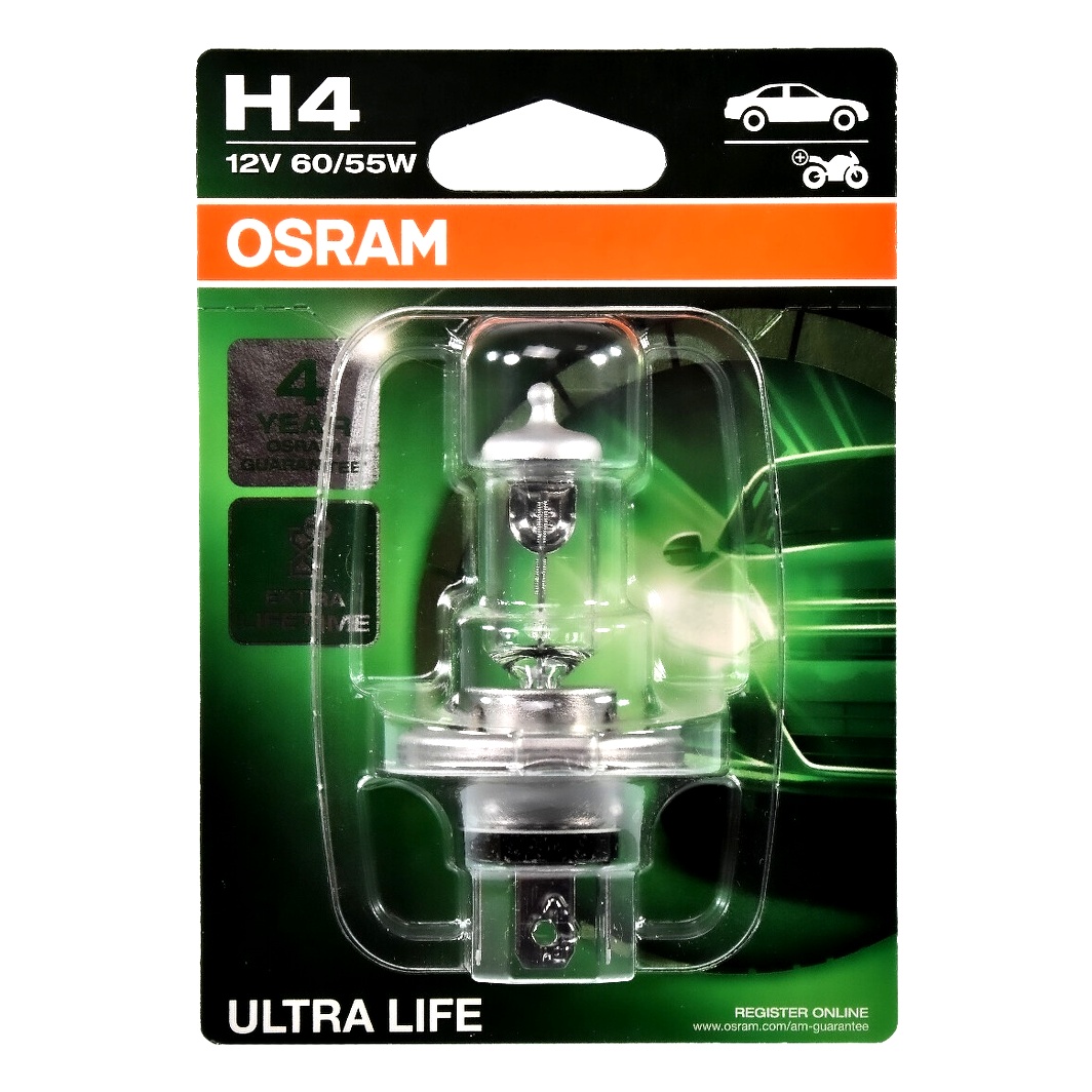 Автолампа галогенова OSRAM Ultra Life H4 P43t 55W 12V прозора 64193ULT01B - zapix