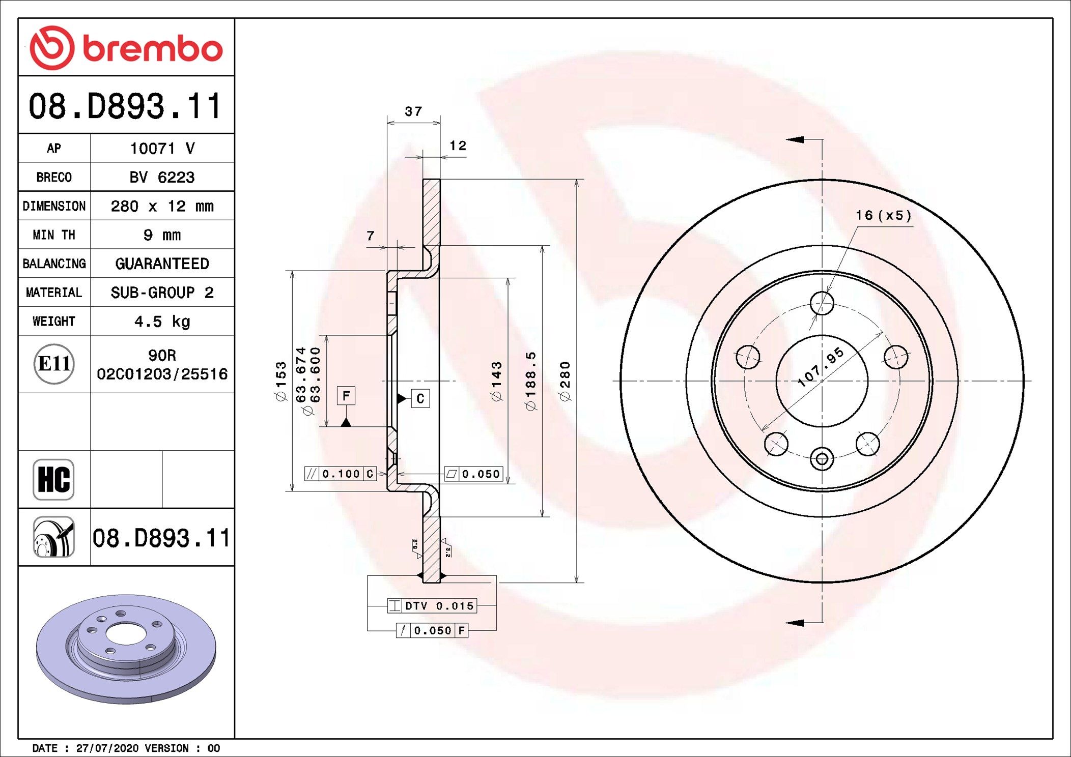 Гальмівний диск BREMBO 08D89311 - zapix
