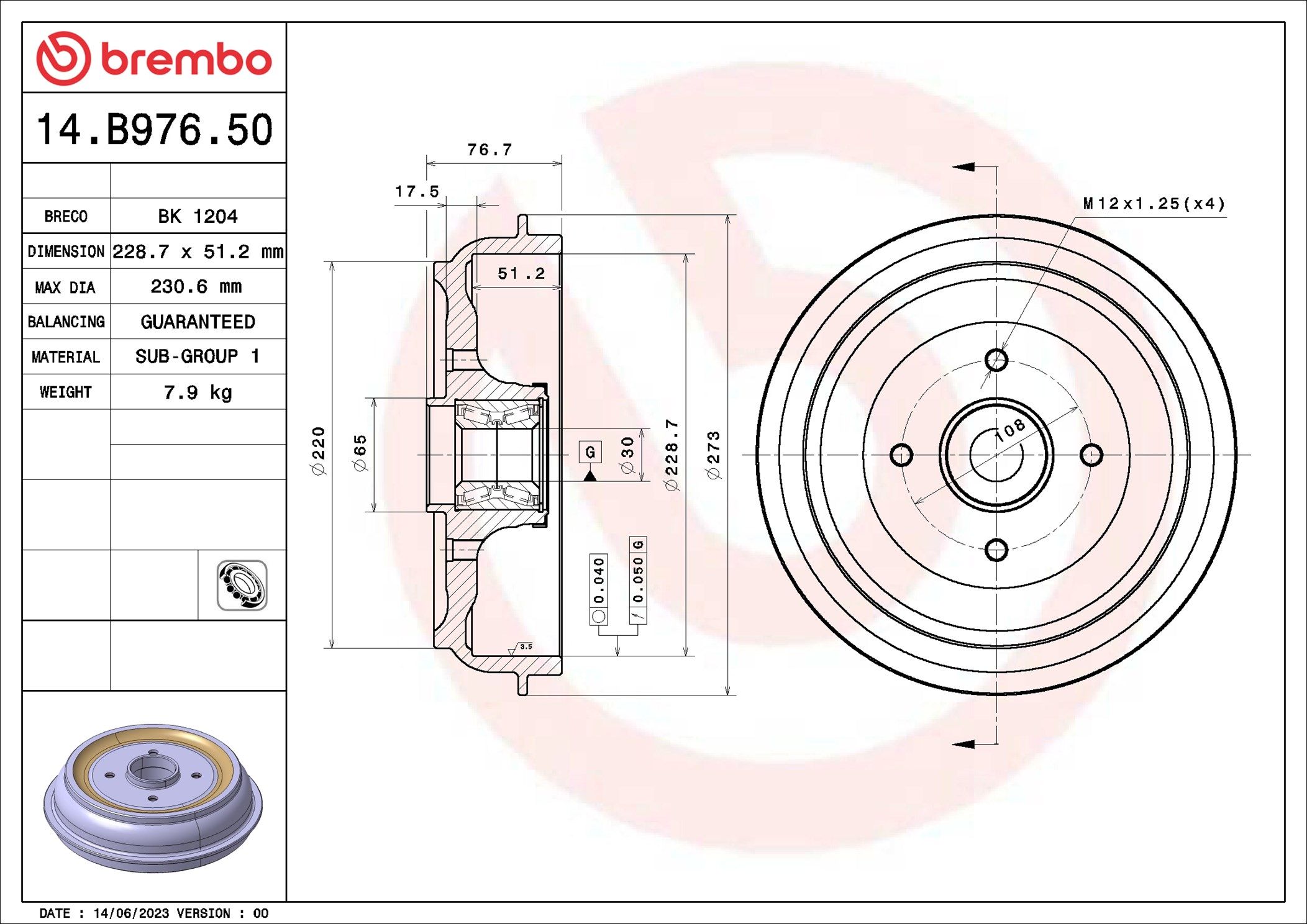 Гальмівний барабан BREMBO 14B97650 - zapix