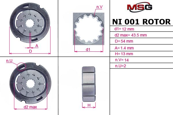 Ротор, статор і пластини насоса ГУР RENAULT Trafic 00-14- HYUNDAI Accent MC 06-10- FORD Galaxy 06-15- FIAT Doblo 00-09- KIA Rio JB 06-11- BMW 3 E46 99-05- PEUGEOT Partner 08-- NISSAN Primastar 02-14- MITSUBISHI Pajero Sport 99-09- CITROEN Berlingo 08-18- MAZDA CX-9 06-15 MSG NI001ROTOR - zapix